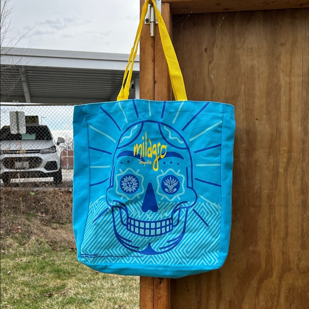 Blue Skull Tote Bag with Yellow Handles